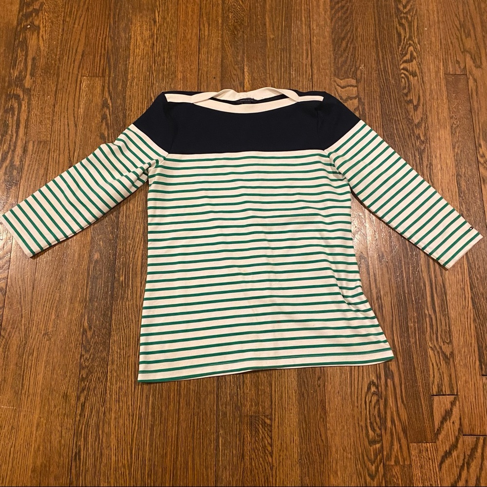 Tommy Hilfiger boat neck striped green/white/navy cotton sweater. Size Large.
